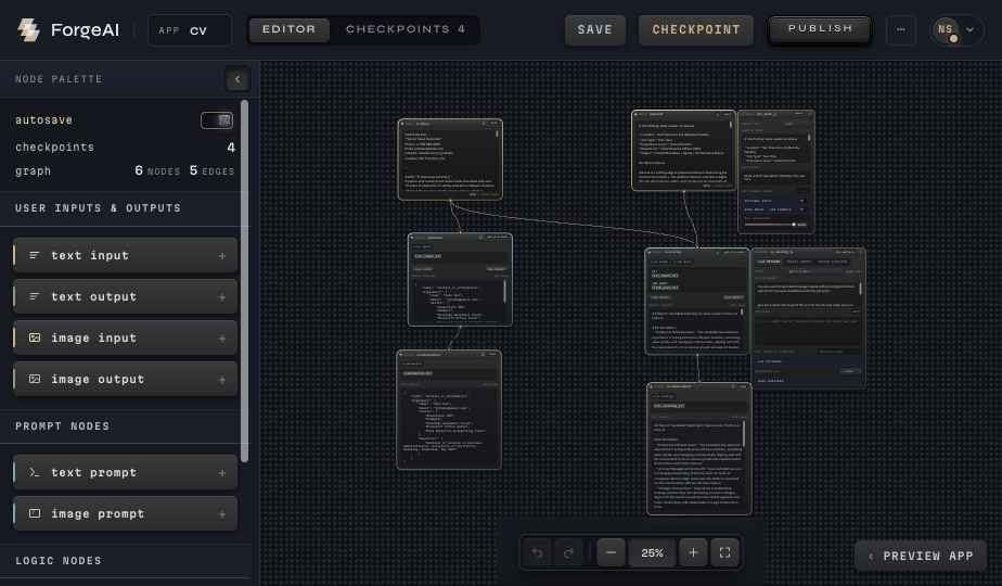 The ForgeAI editor: a node graph of inputs, prompts, functions and outputs for the app cv