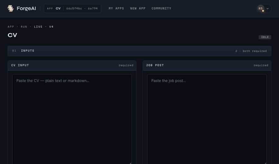 The run surface for the app cv: inputs on the left, outputs and evidence on the right