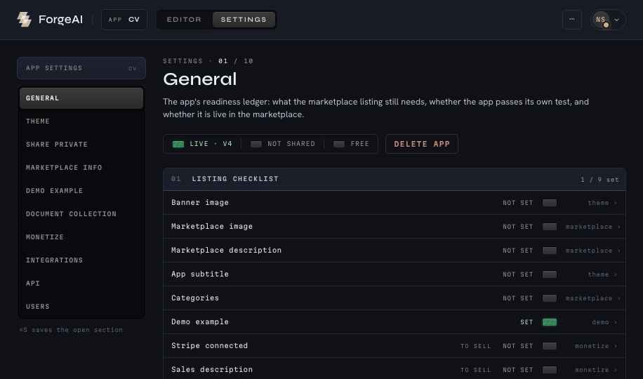 App settings: general, theme, sharing, marketplace, document collection, monetise, integrations, API, users
